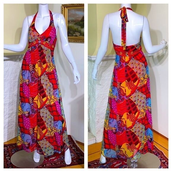 Sue Wong Beaded Printed Silk Chiffon Maxi Dress - Picture 1 of 16